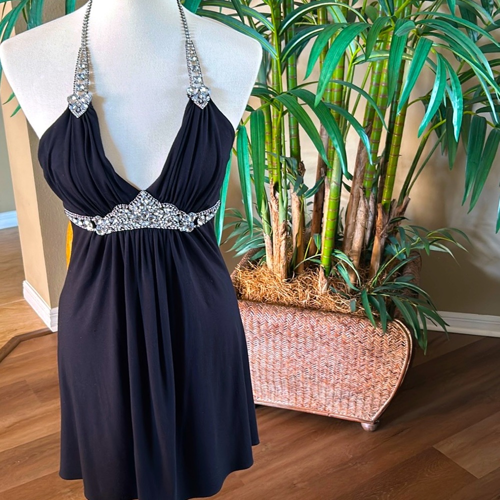 Sky Crystal Trim Mini Halter Dress